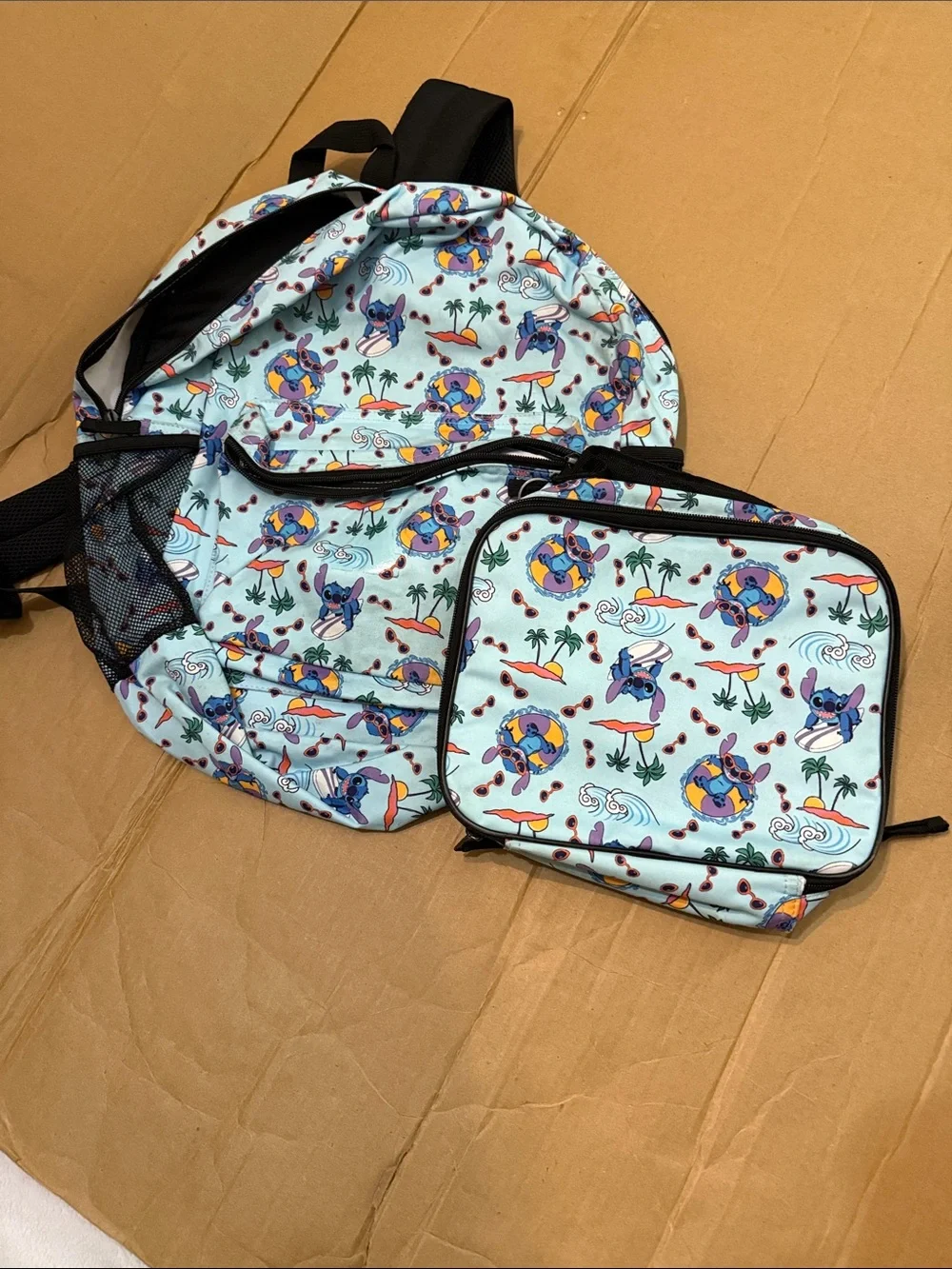 Disney Light Blue Stitch & Tropical Print Kids Backpack and Lunch Bag Set